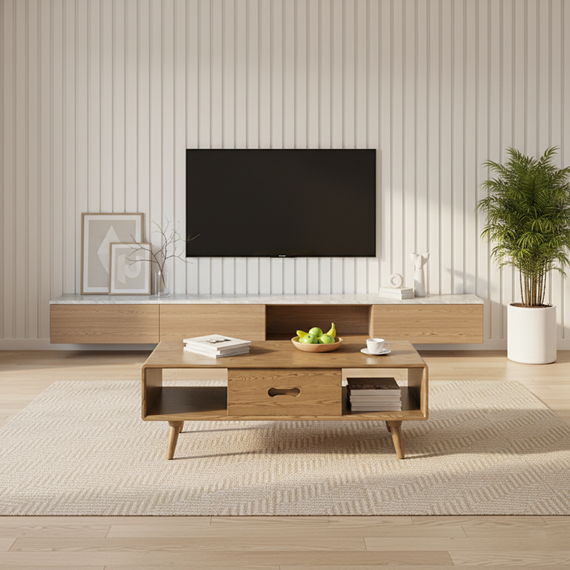 Space-Saving Modern Minimalist Ash Wood Coffee Table - Eco-friendly & Organized Storage Table 2-Tier For Living Room