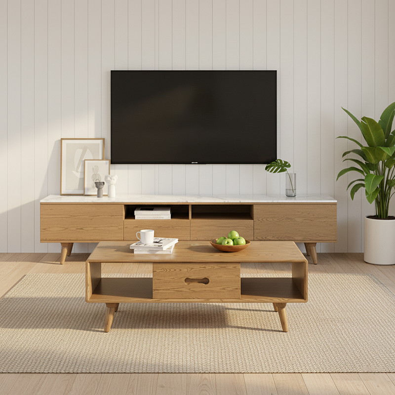 Space-Saving Modern Minimalist Ash Wood Coffee Table - Eco-friendly & Organized Storage Table 2-Tier For Living Room