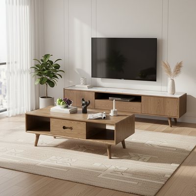 Space-Saving Modern Minimalist Ash Wood Coffee Table - Eco-friendly & Organized Storage Table 2-Tier For Living Room