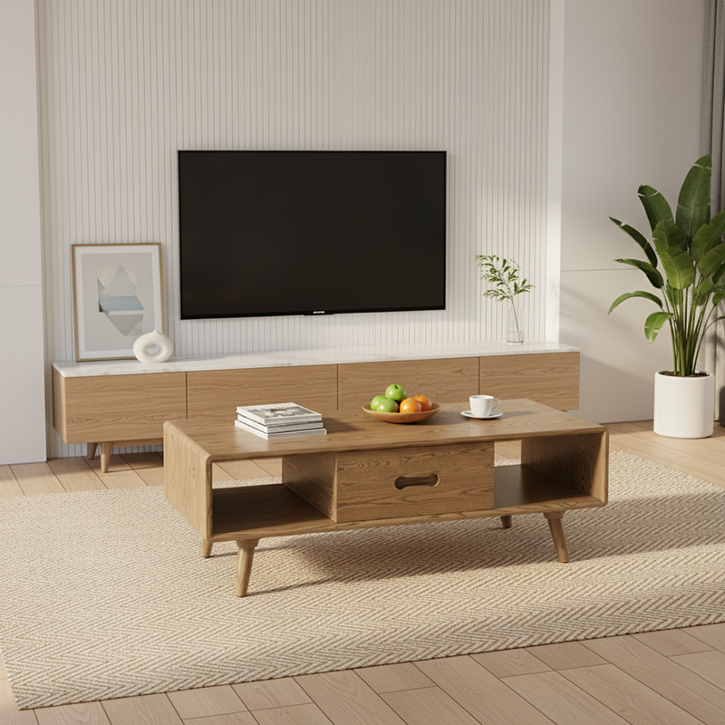 Space-Saving Modern Minimalist Ash Wood Coffee Table - Eco-friendly & Organized Storage Table 2-Tier For Living Room