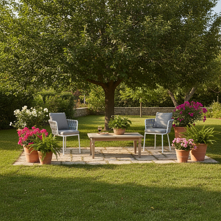Zeitgenössischer gewebter Seil-Aluminium-Außenstuhl - Komfort-Akzentstuhl für den Garten 