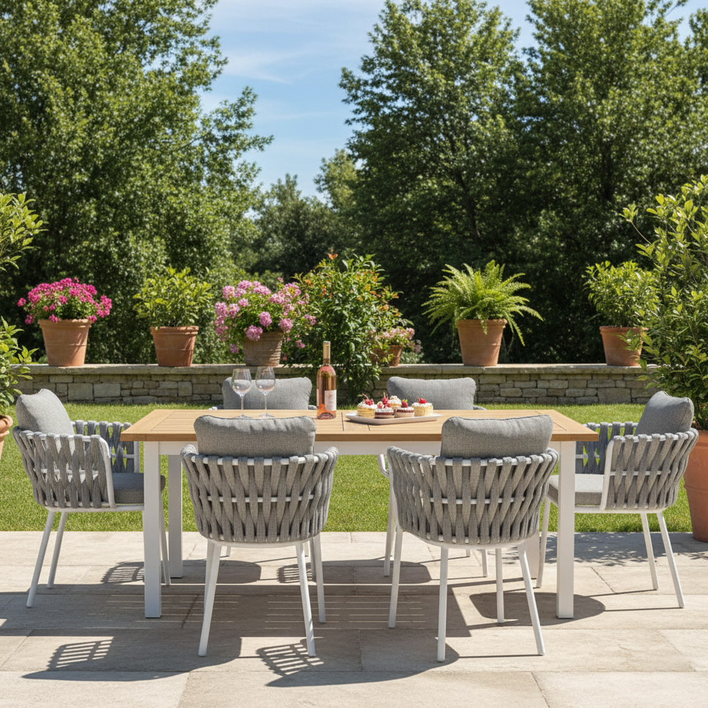 Zeitgenössischer gewebter Seil-Aluminium-Außenstuhl - Komfort-Akzentstuhl für den Garten 