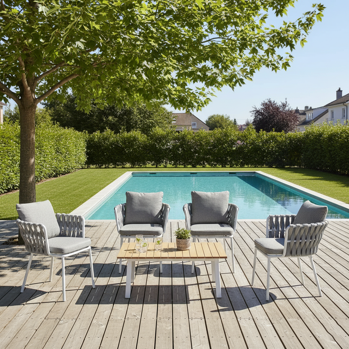 Zeitgenössischer gewebter Seil-Aluminium-Außenstuhl - Komfort-Akzentstuhl für den Garten 