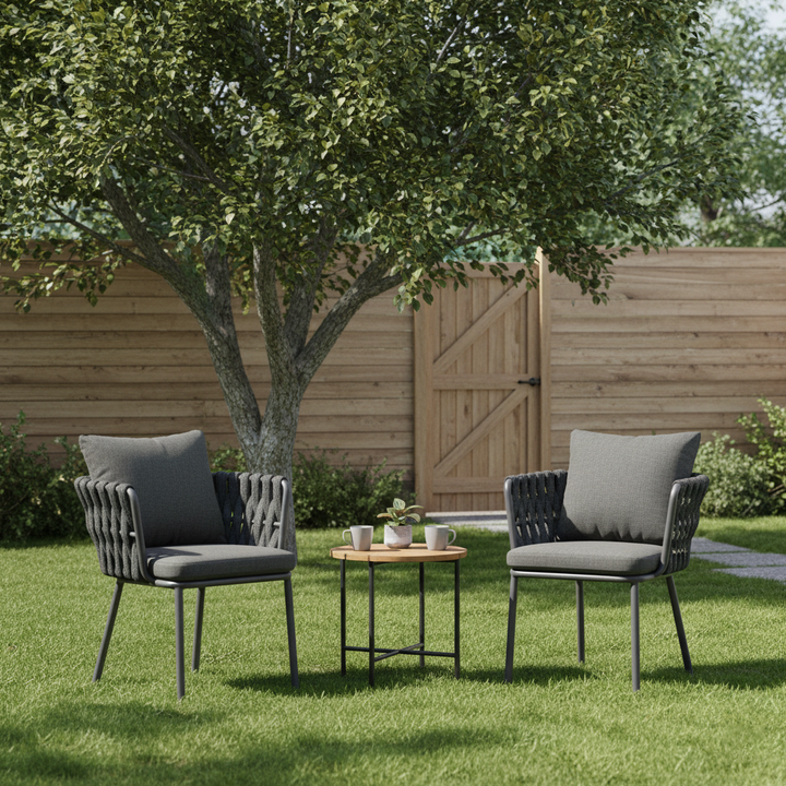 Chaise de salle à manger d'extérieur contemporaine en aluminium - chaise d'accent avec dossier tissé imperméable pour jardin 