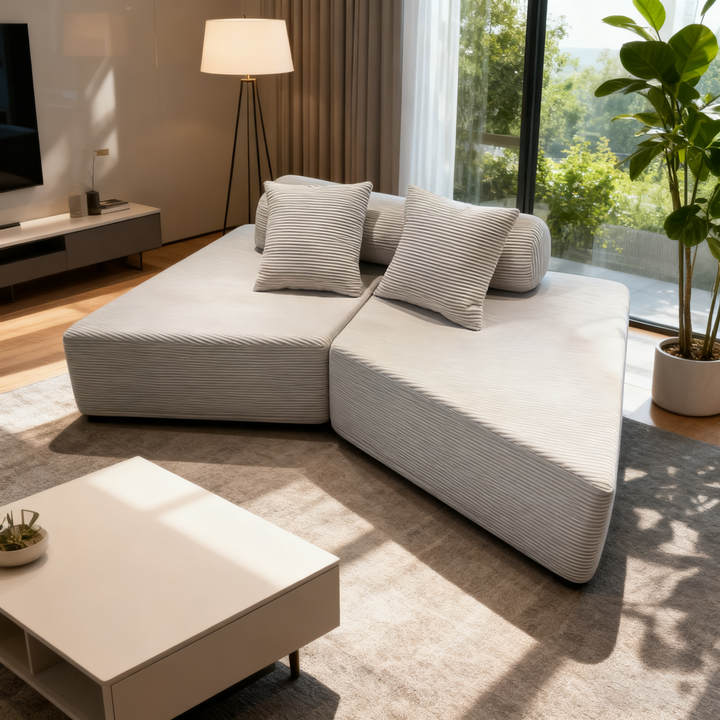Canapé d'angle compressible minimaliste en section trapézoïdale - fauteuil de salon sans armature en velours côtelé silencieux en mousse à rebond haute densité pour salon 