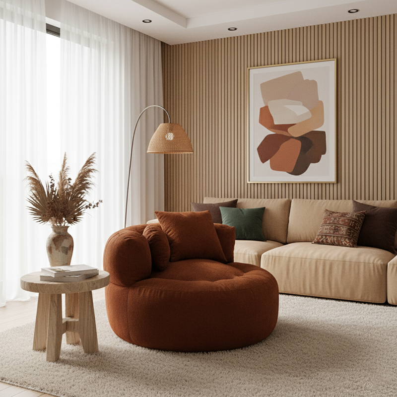 Contemporary Scandinavian Toweling Compressed Single Sofa - Round Circular Accent Chair For Living Room
