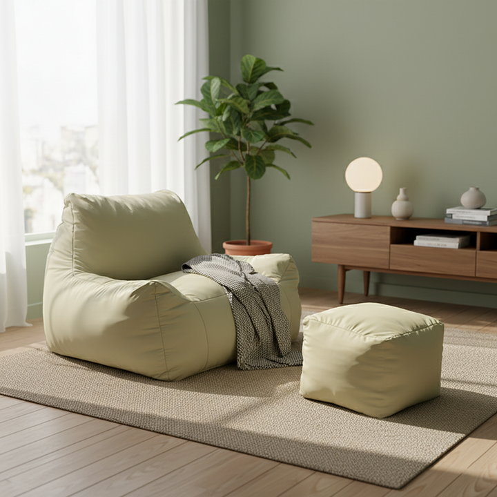 Modern Frameless Leathaire Compressed Sofa - Vacuum Compressed No-Installation Lounge Chair With Footstool For Living Room