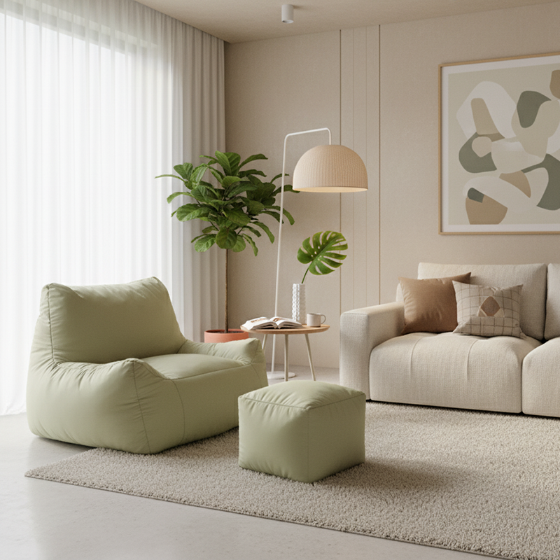 Modern Frameless Leathaire Compressed Sofa - Vacuum Compressed No-Installation Lounge Chair With Footstool For Living Room