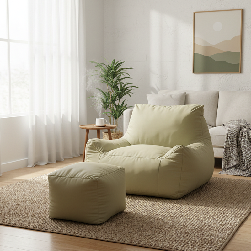 Modern Frameless Leathaire Compressed Sofa - Vacuum Compressed No-Installation Lounge Chair With Footstool For Living Room