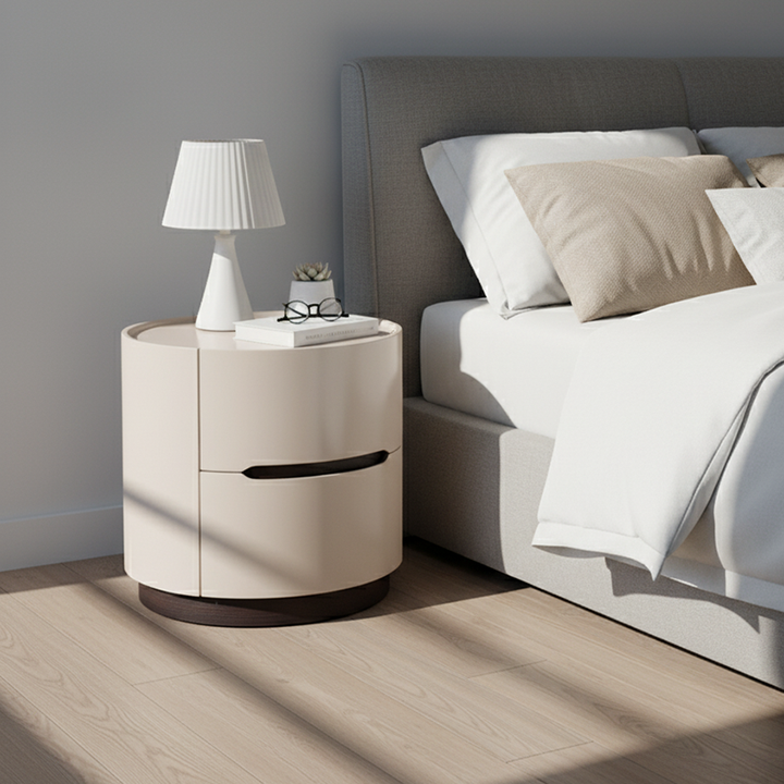 Table de chevet rotative ronde anti-collision - Design de luxe, plateau de rangement pratique, table d'appoint à 2 tiroirs pour chambre à coucher 