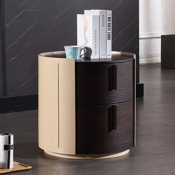 Table de chevet rétro contemporaine - Accent esthétique spatial et design cylindrique anti-collision, table de nuit à 2 tiroirs pour chambre à coucher 
