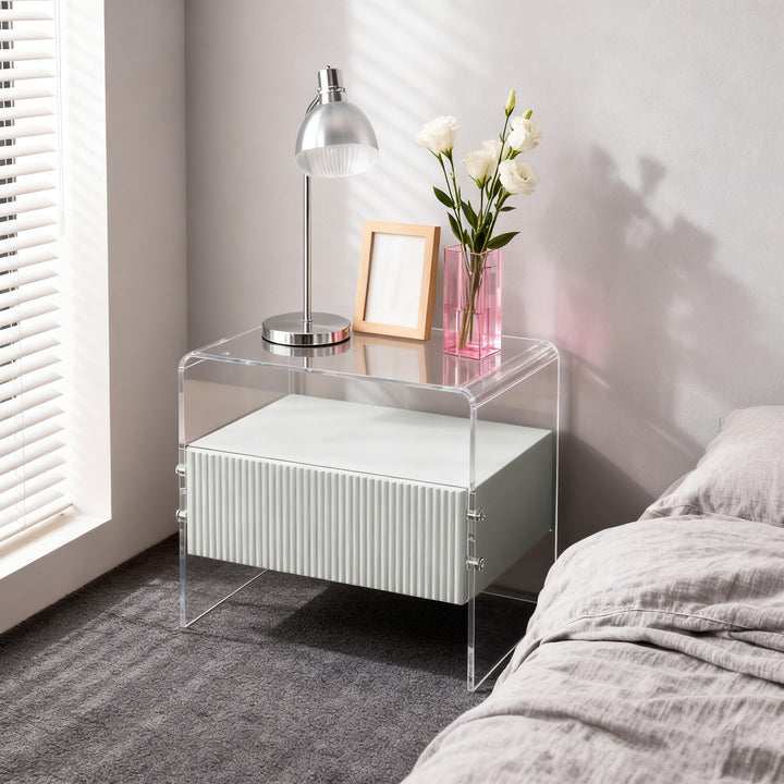 Table de chevet transparente en acrylique - Table d'appoint minimaliste et robuste avec pieds de support en U, 1 tiroir, pour chambre à coucher et salon 