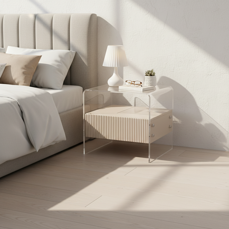 Transparent Acrylic Nightstand - Minimalist Sturdy U-Shaped Support Legs Bedside Table 1-Drawer For Bedroom & Living Room