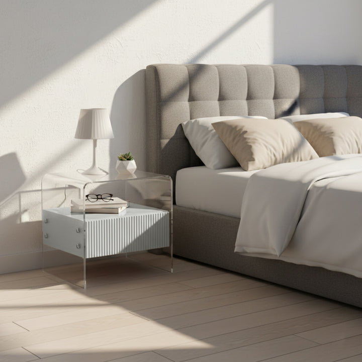 Table de chevet transparente en acrylique - Table d'appoint minimaliste et robuste avec pieds de support en U, 1 tiroir, pour chambre à coucher et salon 
