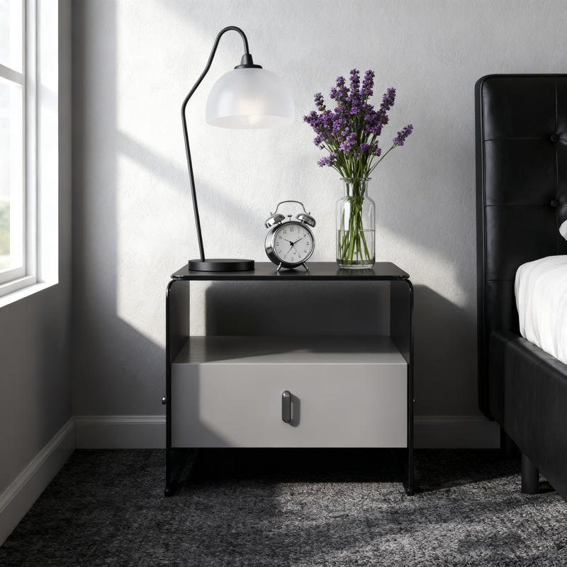 Clear Texture Nightstand - Transparent Tempered Glass Bedside Table 1-Drawer For Bedroom & Living Room