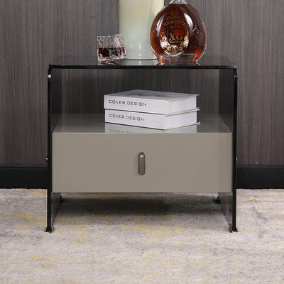 Clear Texture Nightstand - Transparent Tempered Glass Bedside Table 1-Drawer For Bedroom & Living Room