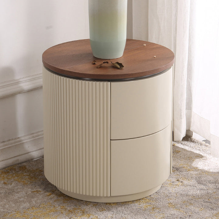 Table de chevet cylindrique de luxe contemporain - table de nuit à ouverture par pression, à 2 tiroirs pour chambre à coucher 