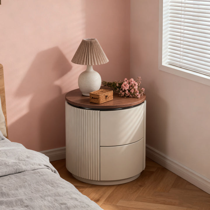 Table de chevet cylindrique de luxe contemporain - table de nuit à ouverture par pression, à 2 tiroirs pour chambre à coucher 