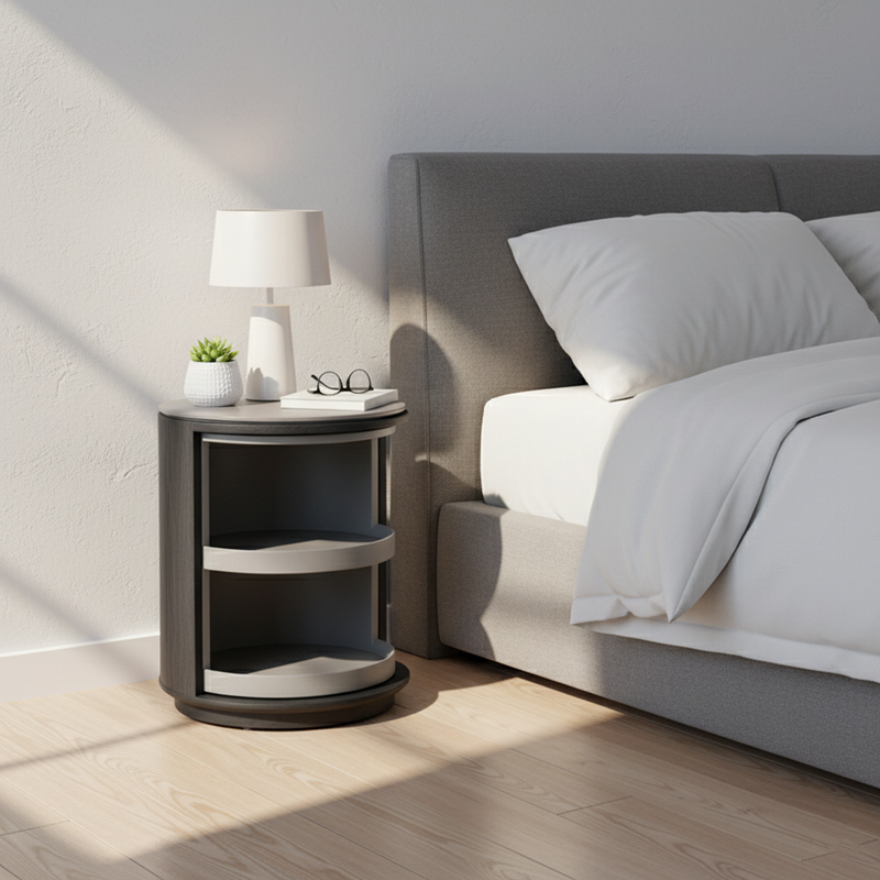 Industrial Rotating Nightstand - Round Skin-Friendly Baking Paint Bedside Table 3-Tier For Bedroom & Living Room