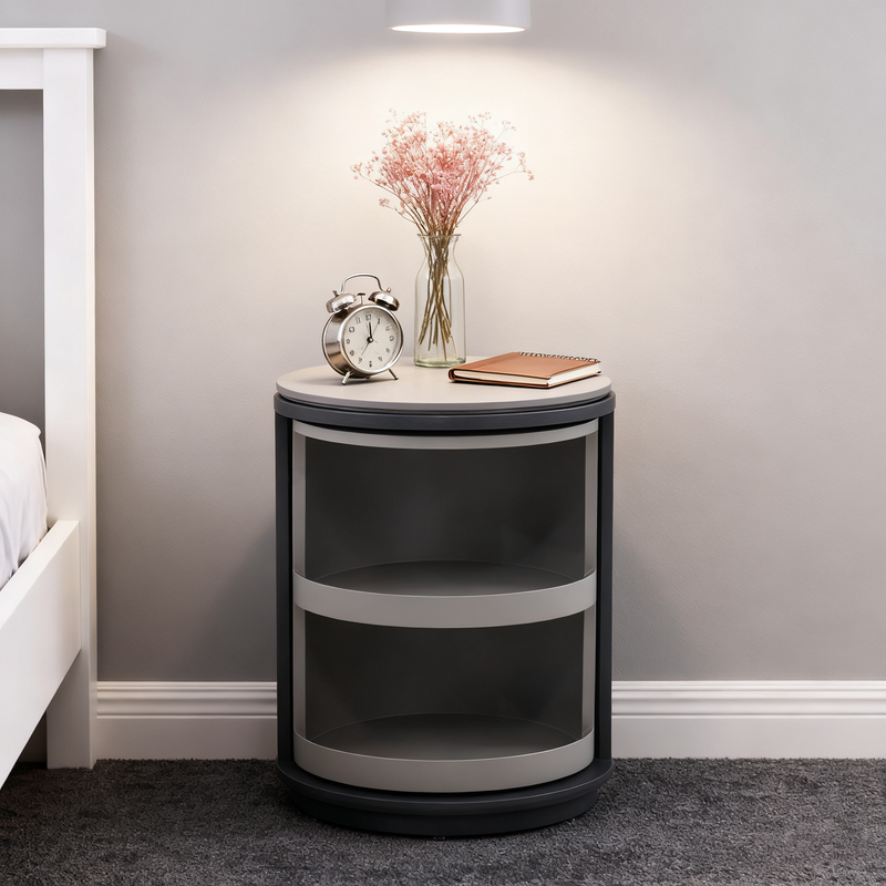 Industrial Rotating Nightstand - Round Skin-Friendly Baking Paint Bedside Table 3-Tier For Bedroom & Living Room