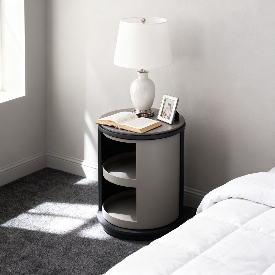 Industrial Rotating Nightstand - Round Skin-Friendly Baking Paint Bedside Table 3-Tier For Bedroom &amp; Living Room