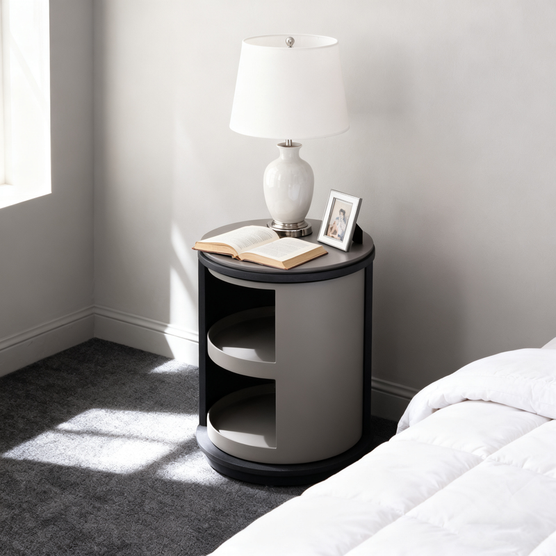 Industrial Rotating Nightstand - Round Skin-Friendly Baking Paint Bedside Table 3-Tier For Bedroom & Living Room
