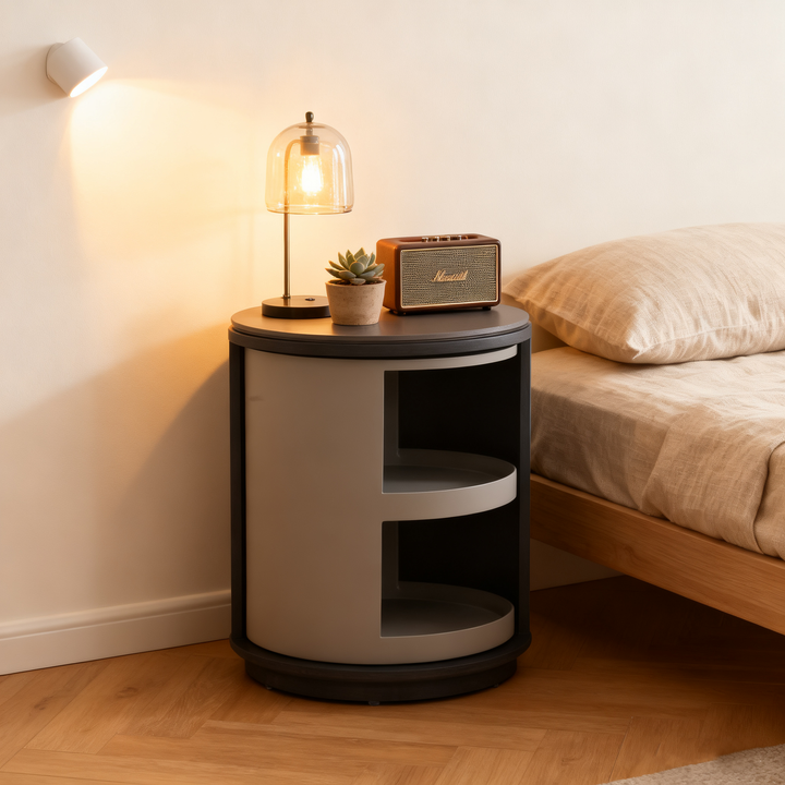 Table de chevet rotative industrielle - Table d'appoint ronde à 3 niveaux avec peinture cuite douce pour la peau pour chambre et salon 