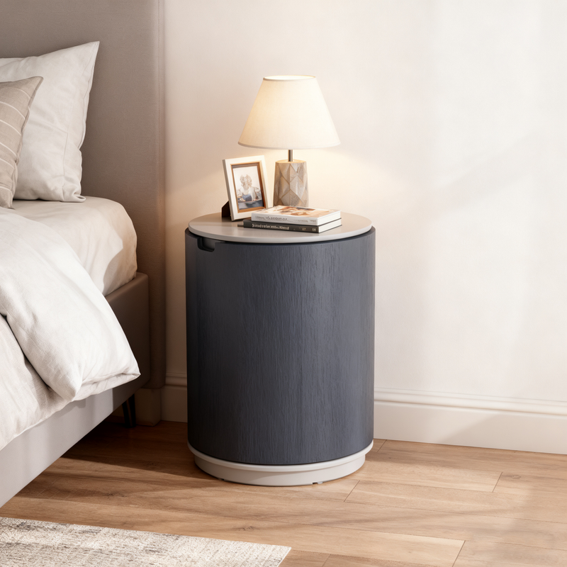 Modern Minimalist Smoked Wood Nightstand - High-Quality Round Design Bedside Table 2-Cabinet For Bedroom & Living Room