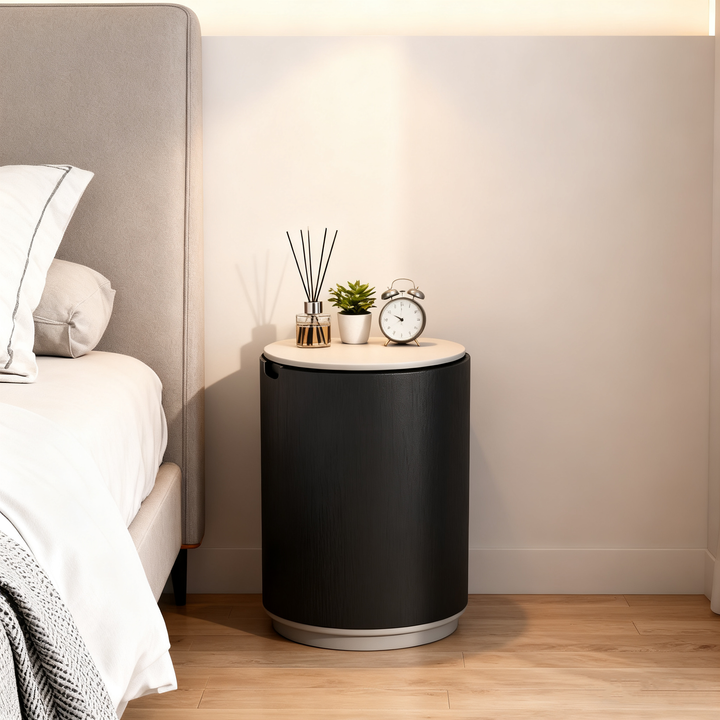 Table de chevet moderne minimaliste en bois fumé - Table d’appoint ronde de haute qualité avec 2 armoires pour chambre et salon 