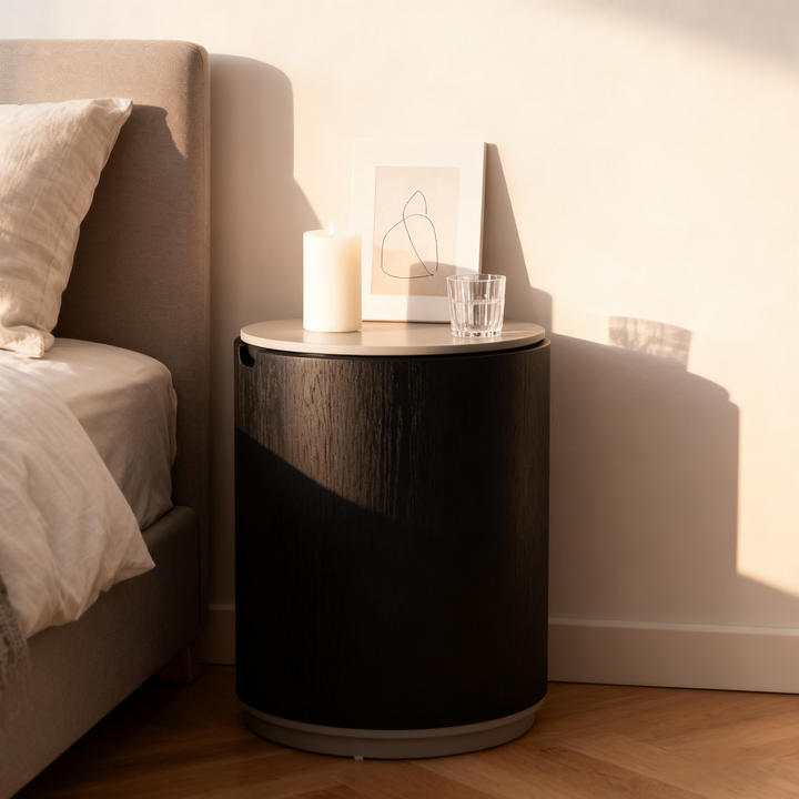 Table de chevet moderne minimaliste en bois fumé - Table d’appoint ronde de haute qualité avec 2 armoires pour chambre et salon 