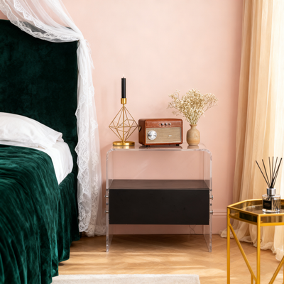 Acrylic Industrial-Style Nightstand - Functional Aesthetics Rectangular Bedside Table 1-Drawer For Bedroom & Living Room