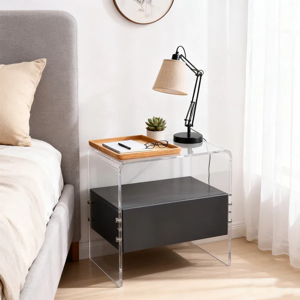 Acrylic Industrial-Style Nightstand - Functional Aesthetics Rectangular Bedside Table 1-Drawer For Bedroom & Living Room