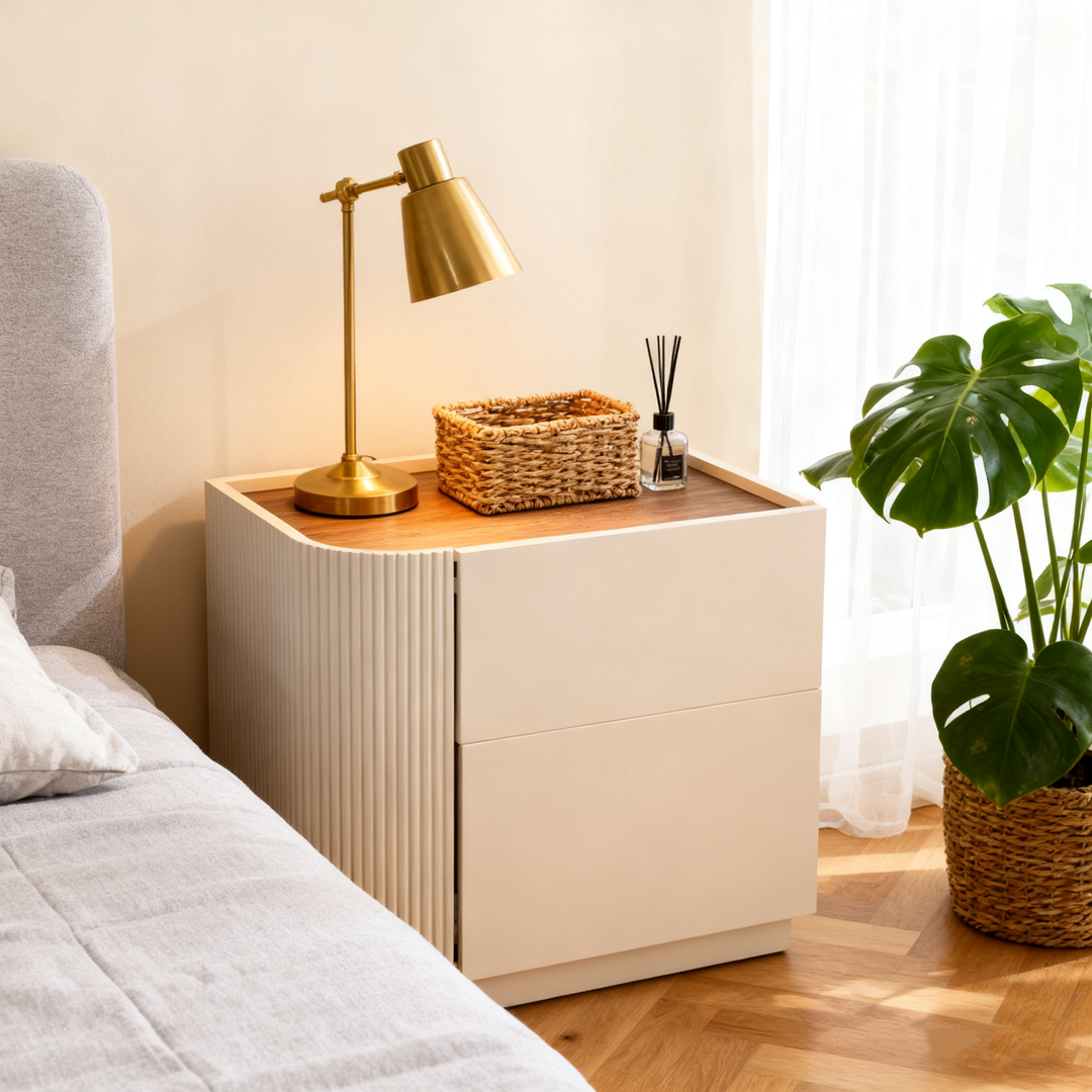 Premium Luxus Nachttisch - Feiner Texturierter Paneel Nachttisch 2-Schubladen Für Schlafzimmer &amp; Wohnzimmer 