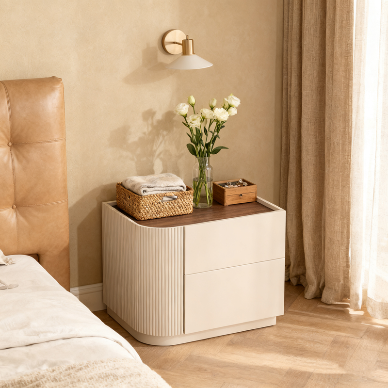 Premium Luxury Nightstand - Delicate Textured Panel Bedside Table 2-Drawer For Bedroom & Living Room