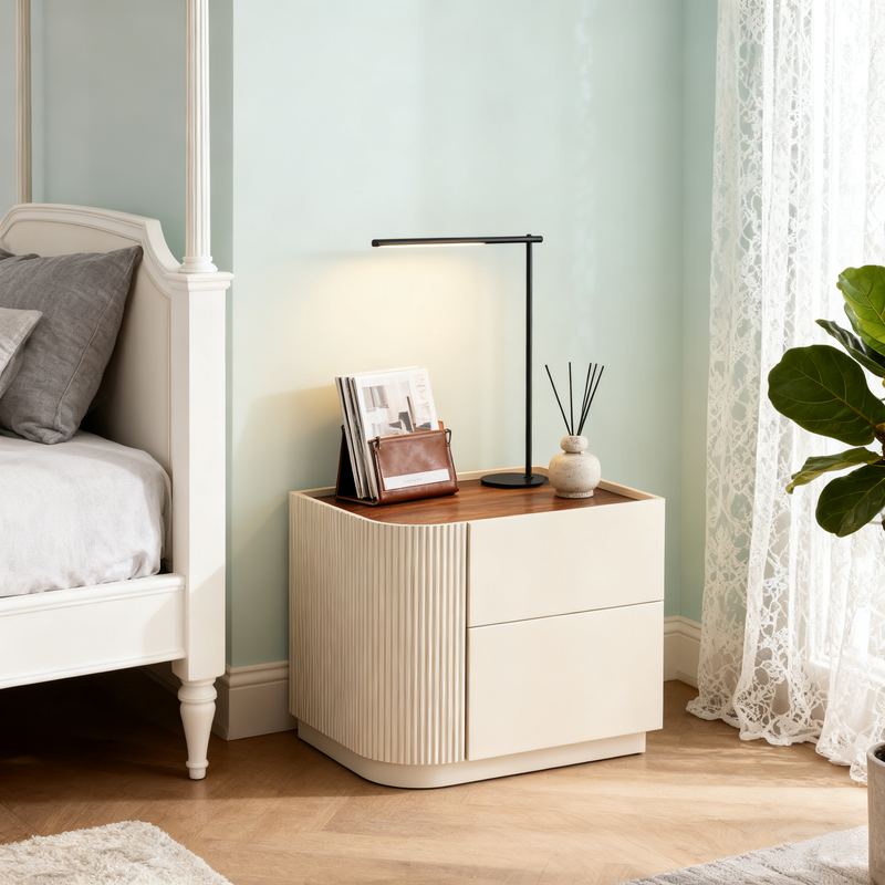 Premium Luxury Nightstand - Delicate Textured Panel Bedside Table 2-Drawer For Bedroom & Living Room
