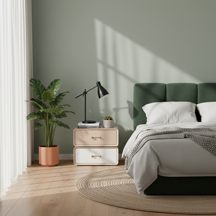 Table de chevet rotative à 360° au style nordique - couleurs Morandi, matériau écologique, table de chevet rectangulaire à 2 tiroirs pour chambre à coucher et salon 