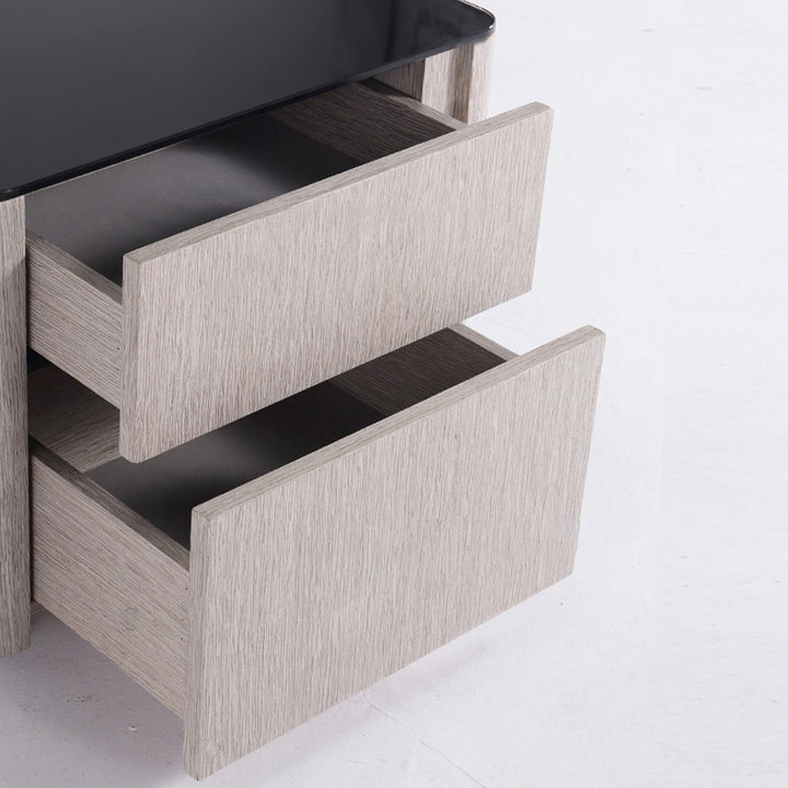 Mesita de noche de estilo elegante y almacenamiento sin esfuerzo - Encimera de vidrio templado y mesa de noche con dos cajones con apertura por presión para el dormitorio 