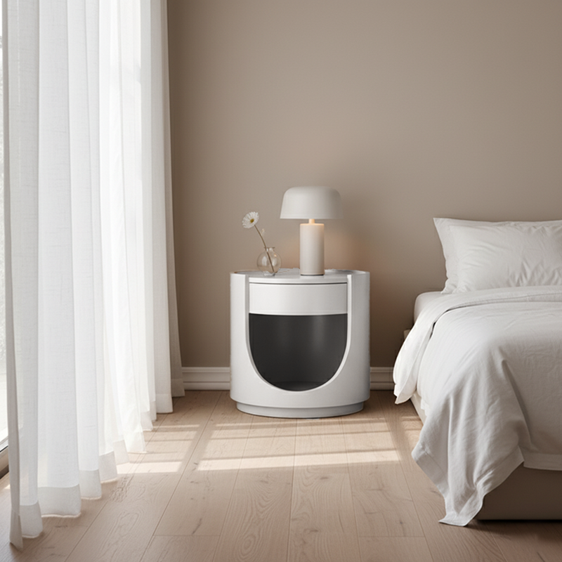 Table de nuit ronde de style scandinave - Magie de rangement optimisant l’espace, table de chevet 1 tiroir pour chambre à coucher 