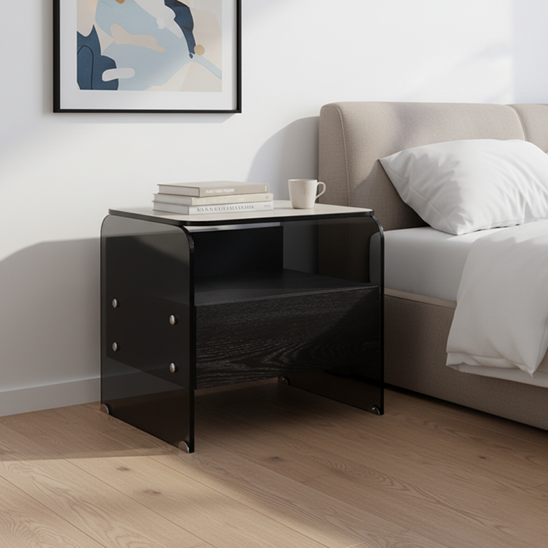 Maximize Storage Industrial Nightstand - Scratch-Resistant Tempered Glass Bedside Table 1-Drawer For Bedroom & Living Room
