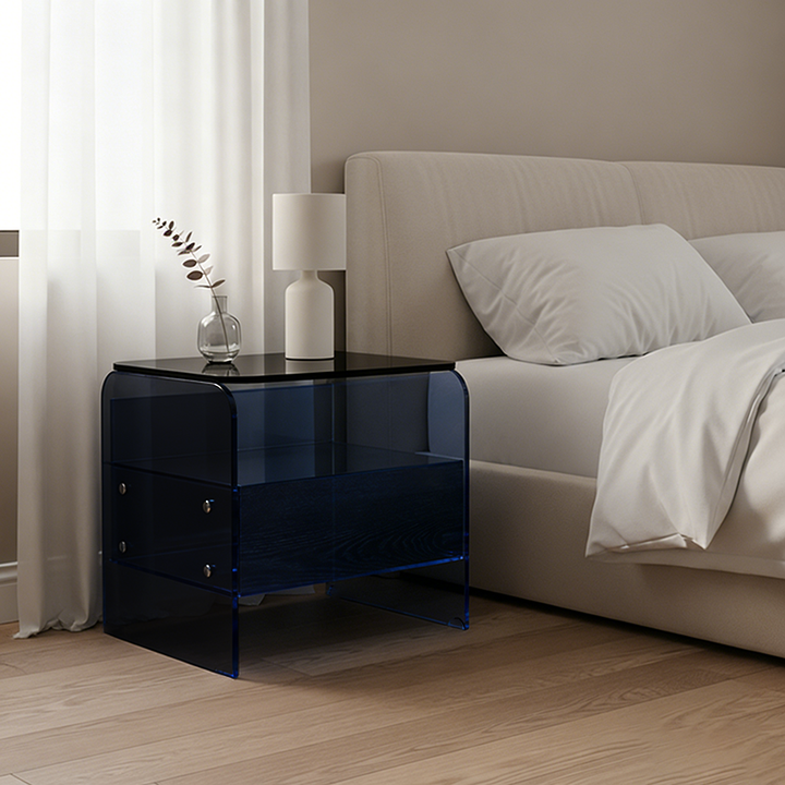 Table de chevet industrielle Maximize Storage - Table d'appoint en verre trempé résistant aux rayures avec 1 tiroir pour chambre à coucher et salon 