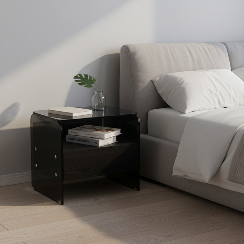 Maximize Storage Industrial Nightstand - Scratch-Resistant Tempered Glass Bedside Table 1-Drawer For Bedroom & Living Room