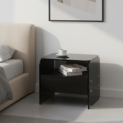 Maximize Storage Industrial Nightstand - Scratch-Resistant Tempered Glass Bedside Table 1-Drawer For Bedroom & Living Room
