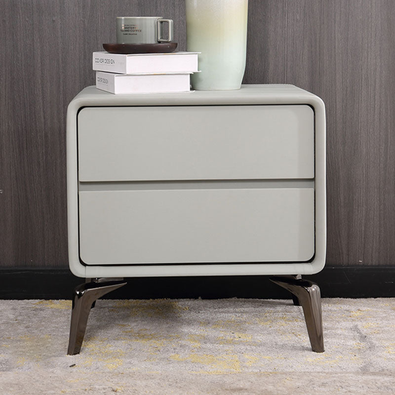 Modern Minimalist Design Nightstand - Refined Rounded Corners &amp; Luxe Faux PVC Leather Charm Bedside Table 2-Drawer For Bedroom