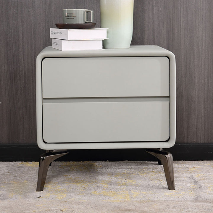 Modern Minimalist Design Nightstand - Refined Rounded Corners &amp; Luxe Faux PVC Leather Charm Bedside Table 2-Drawer For Bedroom