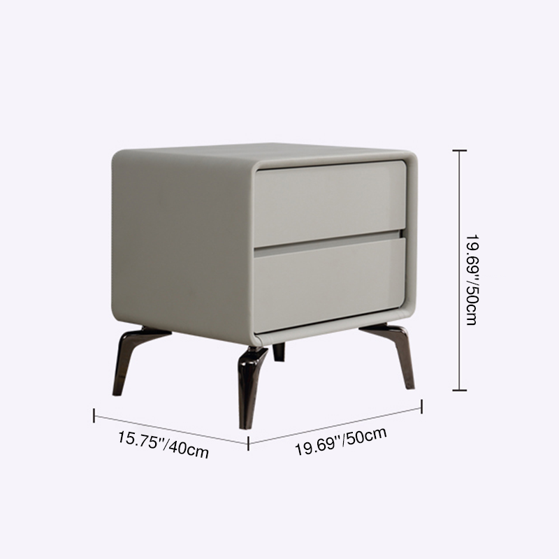 Modern Minimalist Design Nightstand - Refined Rounded Corners &amp; Luxe Faux PVC Leather Charm Bedside Table 2-Drawer For Bedroom
