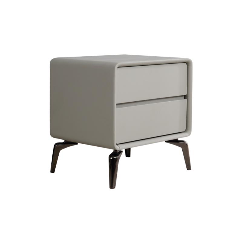 Modern Minimalist Design Nightstand - Refined Rounded Corners & Luxe Faux PVC Leather Charm Bedside Table 2-Drawer For Bedroom