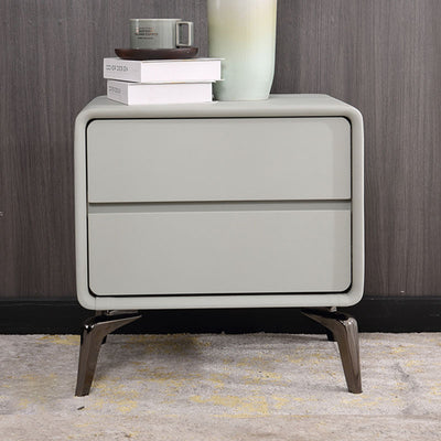 Modern Minimalist Design Nightstand - Refined Rounded Corners & Luxe Faux PVC Leather Charm Bedside Table 2-Drawer For Bedroom