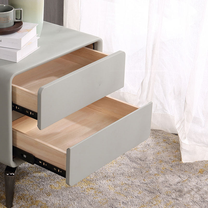 Modern Minimalist Design Nightstand - Refined Rounded Corners & Luxe Faux PVC Leather Charm Bedside Table 2-Drawer For Bedroom
