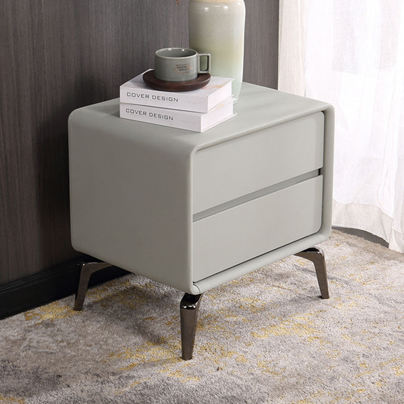 Modern Minimalist Design Nightstand - Refined Rounded Corners &amp; Luxe Faux PVC Leather Charm Bedside Table 2-Drawer For Bedroom