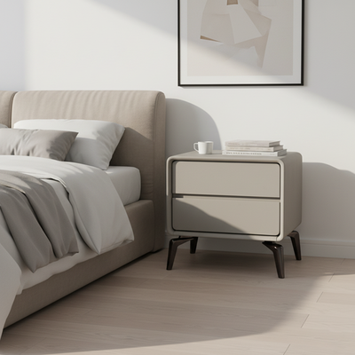 Modern Minimalist Design Nightstand - Refined Rounded Corners & Luxe Faux PVC Leather Charm Bedside Table 2-Drawer For Bedroom